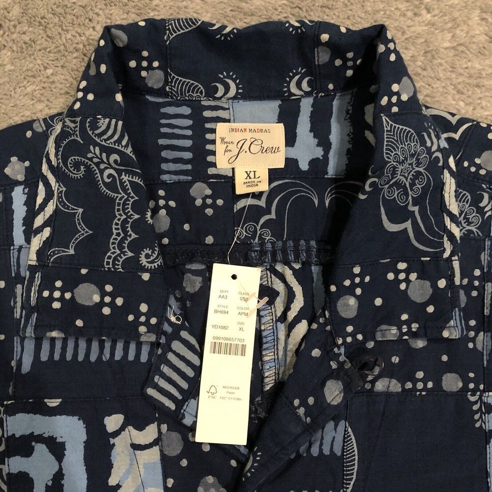J.Crew Indigo Dyed Madras Patchwork Camp Collared Shirt Men's XL Casual‎ - Picture 6 of 10